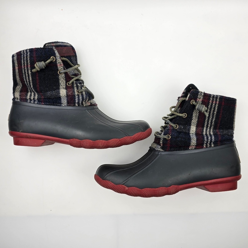 Sperry Saltwater Duck‎ Boots Womens 10 M Blue Red Wool Plaid Waterproof Rubber - Picture 10 of 12